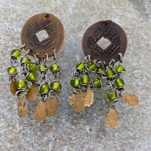 Vintage Chinese Qing Dynasty replica coins Gramma green gold Chandelier Earrings
